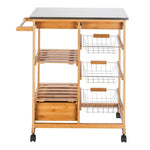 ZUN Moveable Kitchen Cart with Stainless Steel Table Top & Three Drawers & Three Baskets Burlywood 38657513