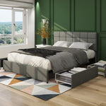 ZUN Vera Full Size Gray Linen Upholstered Platform Bed with Patented 4 Drawers Storage, Square Stitched B083115496