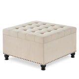 ZUN Large square storage ottoman with wooden legs, Upholstered button tufted coffee table with nail W2186142955