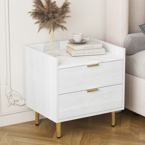 ZUN Wooden Nightstand with 2 Drawers and Marbling Worktop, Mordern Wood Bedside Table with Metal WF315535AAK
