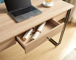 ZUN Computer Desk Writing Desk with One Drawer Metal Legs and USB Outlet Port – Light Brown & Black B107P147850