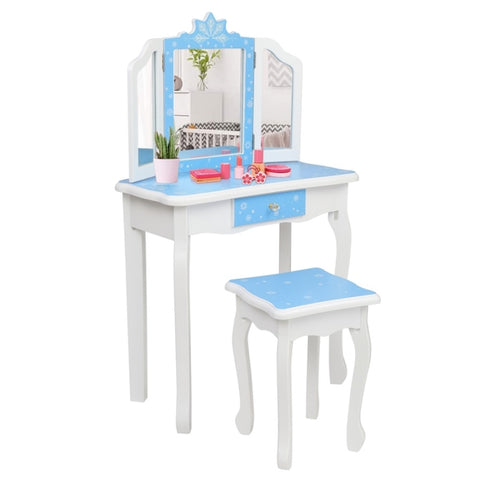 ZUN Children's Wooden Dressing Table Three-Sided Folding Mirror Dressing Table Chair Single Drawer Blue 02718254