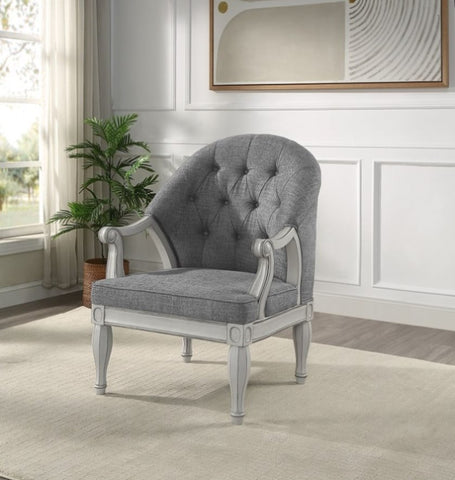 ZUN ACME Florian Chair, Gray Fabric & Antique White Finish LV02121