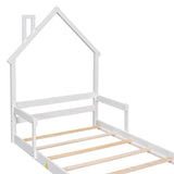 ZUN Twin House-Shaped Headboard Floor Bed with Handrails ,slats,White W504119487