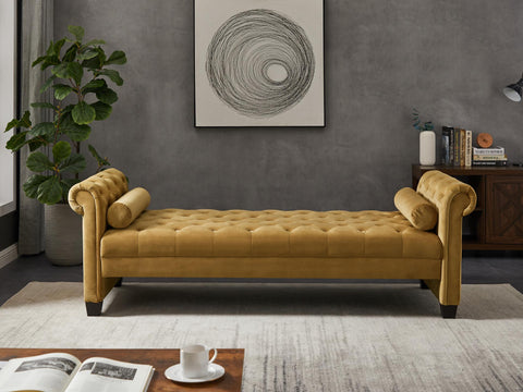 ZUN Brown, Solid Wood Legs Velvet Rectangular Sofa Bench with Attached Cylindrical Pillows 83182939