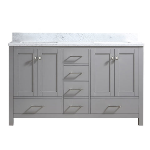 ZUN 60" Double Bathroom Vanity Cabinet in Grey with Carrara Marble Top with White Basin and Back Splash 11060DGR-21WH-S