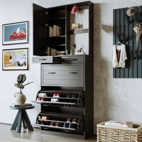 ZUN ON-TREND Multi-functional Shoe Cabinet with 3 Flip Drawers, Elegant Hall Tree with Mirror, WF314583AAB
