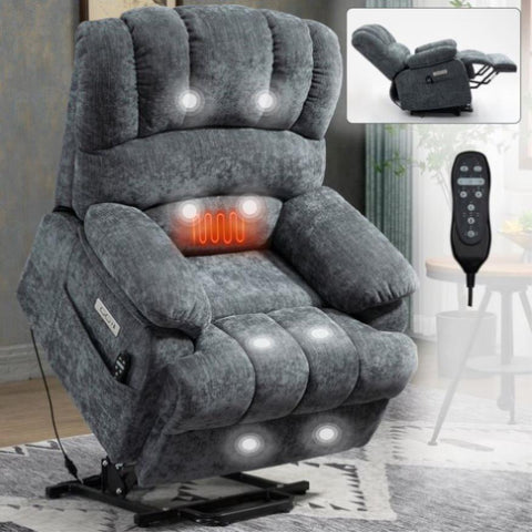 ZUN 23" Seat Width and High Back Large Size Blue Chenille Power Lift Recliner Chair with 8-Point W1803109170