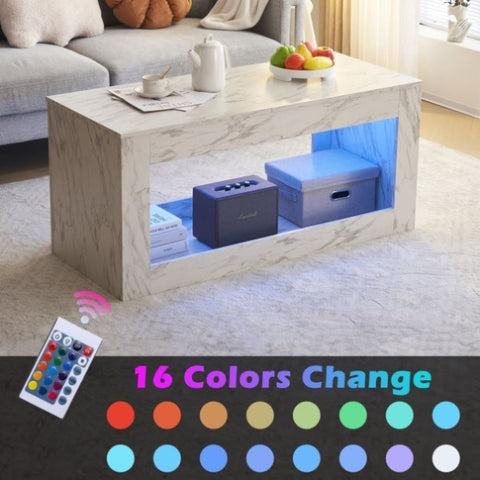 ZUN Modern Coffee Table with LED Light, Faux Marble High Glossy Coffee End Table with Open Storage for 04965894