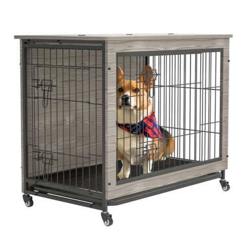 ZUN 23.6"L X 20"W X 26"H Dog Crate Furniture with Cushion, Wooden Dog Crate Table, Double-Doors Dog W1422109451