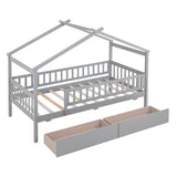 ZUN Twin Size Wooden House Bed with Two Drawers, Gray WF302181AAE