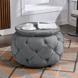 ZUN Large Button Tufted Woven Round Storage Ottoman for Living Room & Bedroom,17.7"H Burlap Grey W1170101817