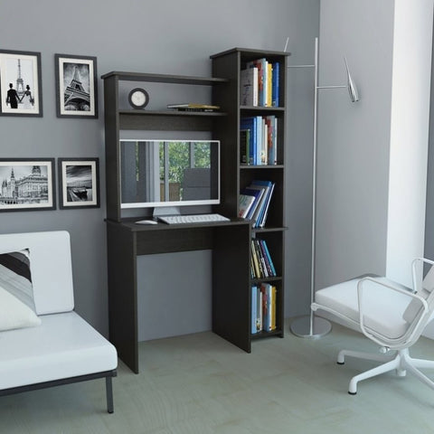 ZUN Marston 6-Shelf Writing Desk with Built-in Bookcase Black Wengue B06280294