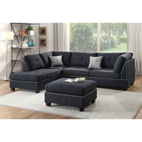 ZUN Polyfiber Reversible Sectional Sofa with Ottoamn in Black B01682372