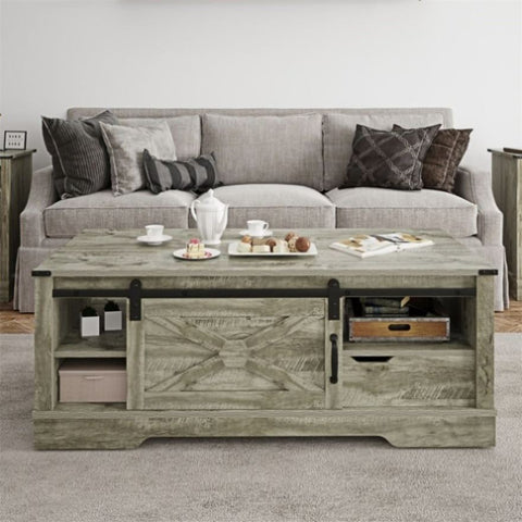 ZUN Wood Barn Door Modern Coffee Table Light Gray Sofa Small Side End Tables Living Room With Drawer W1828137435