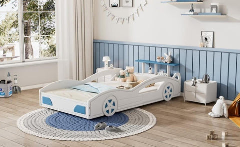 ZUN Wooden Race Car Bed,Car-Shaped Platform Twin Bed with Wheels For Teens,White & Blue WF310553AAK