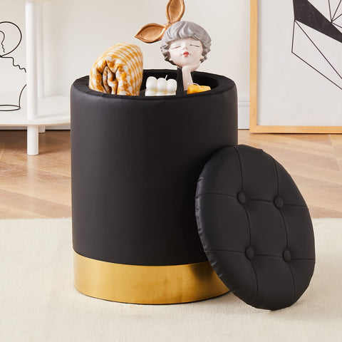 ZUN Faux Leather Round Storage Ottomanrest Stool with Gold-Plated Base Multipurpose Upholstered 55489729