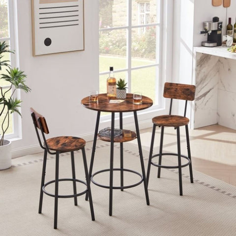 ZUN Round bar stool set with shelves, stool with backrest Rustic Brown, 23.6'' Dia x 35.4'' H W116294524