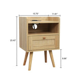 ZUN Natural Handmade Rattan Nightstand with 1 AC Outlet, 2 USB Ports, 1 Type C Port, End, Side W1785118918