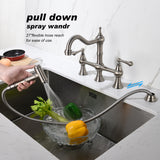 ZUN Kitchen sink faucet with pull-out side spray, modern and chic bridge shaped double handle rotary 95192852
