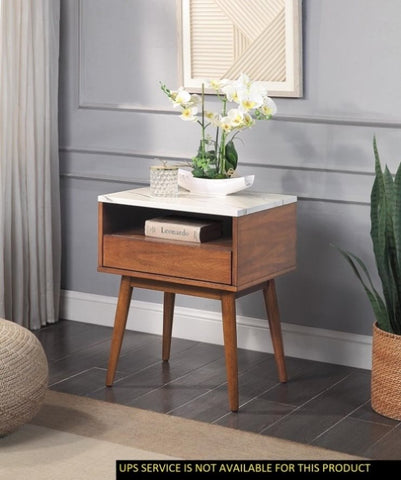 ZUN Walnut Finish 1pc End Table with Faux Marble and Drawer Shelf Living Room Furniture Side Table B01183256