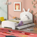 ZUN Twin Size Upholstered Platform Bed with Cartoon Ears Shaped Headboard and 2 Drawers, White WF309760AAK