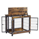 ZUN Furniture Style Dog Crate Side Table onheels with Double Doors and Lift Top. Rustic Brown, 31.50'' W1162120540