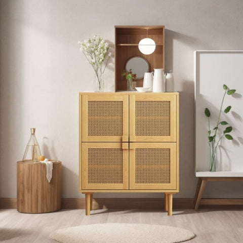 ZUN 4-Doors Rattan Mesh Storage Cabinet, Sideboard with Eight Storage Spaces, for Entryway, Living Room, W757113196