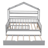 ZUN Wooden Full Size House Bed with Twin Size Trundle,Kids Bed with Shelf, Gray WF301683AAE