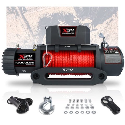 ZUN XPV Electric Winch 10000 LBS 12V Synthetic Rope Load Capacity Red Rope Jeep Towing Truck Off Road W121883548