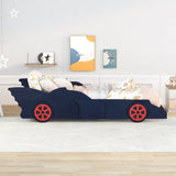 ZUN Twin Size Race Car-Shaped Platform Bed with Wheels,Blue+Red WF294534AAJ