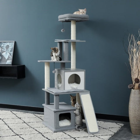 ZUN Modern Wood Cat Tree Tower With Scratching Posts, 2 Condos And Top Perch For Small&Medium Cat Grey 85719173