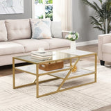 ZUN Golden Coffee Table with Storage Shelf, Tempered Glass Coffee Table with Metal Frame for Living W82151003