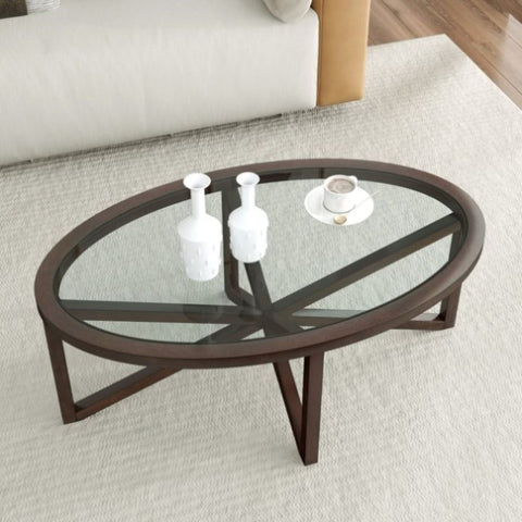 ZUN Modern simple coffee table, tempered coffee table solid wood base round transparent W1781P146772