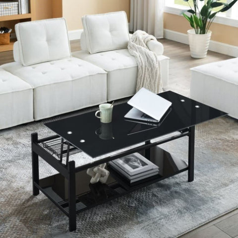 ZUN Lift and Lift Coffee Table with Hidden Dividers and Storage Shelves, Lift and Lift Tempered Glass W1781111753