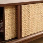 ZUN Two Door Four Drawer Cabinet with Natural Rattan Weaving - Black Walnut/Natural Vine MDF W158183846
