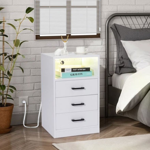ZUN FCH 40*35*65cm Particleboard Pasted Triamine Three Drawers With Socket With LED Light Bedside Table 64197585