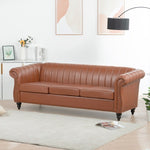ZUN 83.46" Brown PU Rolled Arm Chesterfield Three Seater Sofa. W68033868