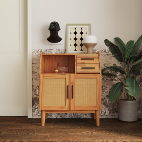 ZUN Farmhouse Sideboard Buffet Accent Storage Cabinet, with Rattan Doors and drawers, for Hallway, W33165358