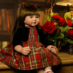 ZUN 24" Beautiful Simulation Baby Long-Haired Girl Wearing a Christmas Plaid Skirt Doll 36230173