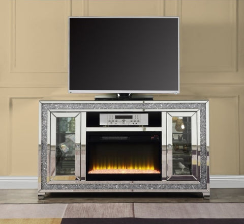 ZUN ACME Noralie TV STAND W/FIREPLACE & LED Mirrored & Faux Diamonds LV00316