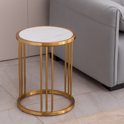 ZUN Slate/sintered stone round side/end table with golden stainless steel frame W24750333