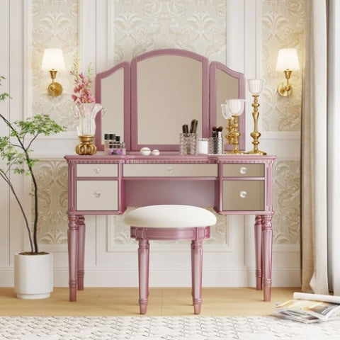 ZUN GO 43" Dressing Table Set with Mirrored Drawers and Stool, Tri-fold Mirror, Makeup Vanity Set for WF306449AAH