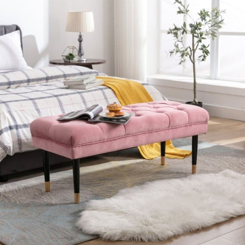 ZUN Tufted Bench Modern Velvet Button Upholstered Ottoman enches Bedroom Rectangle Fabric Footstool with W72854362