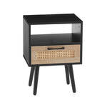 ZUN 15.75" Rattan End table with Power Outlet & USB Ports , Modern nightstand with drawer and solid wood W126573111