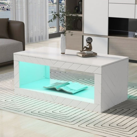 ZUN U-Can Modern LED Coffee Table, High Glossy Rectangle Coffee End Table with 16 Colors LED Lights, One WF306721AAK