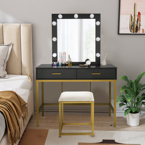 ZUN Single Mirror With 2 Drawers And Light Bulbs, Steel Frame Dressing Table Black 13797892
