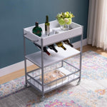 ZUN Rolling Kitchen Cart with Three Tier Storage and Four Wine Bottle Rack - White and Silver Metal B107131417