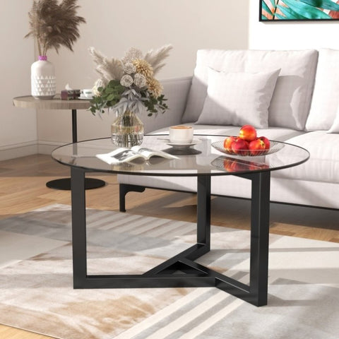 ZUN ON-TREND Round Glass Coffee Table Modern Cocktail Table Easy Assembly with Tempered Glass Top & WF293702AAB