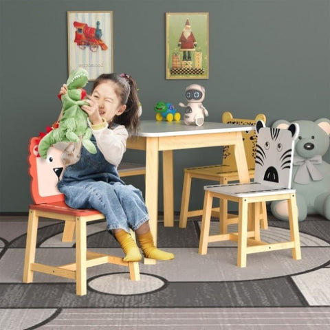 ZUN 5 Piece Kiddy Table and Chair Set , Kids Wood Table with 4 Chairs Set Cartoon Animals W80860280
